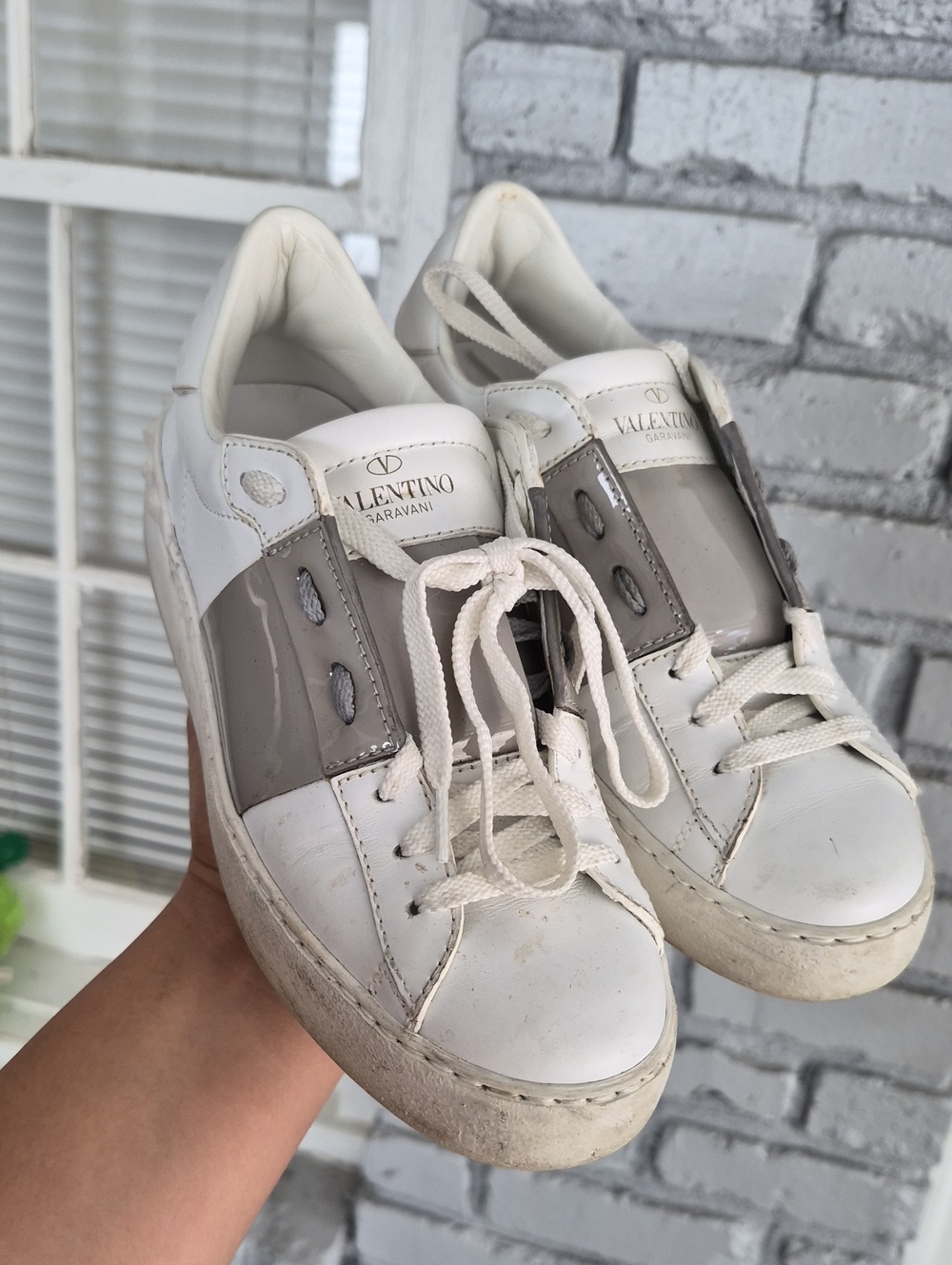 Valentino Garavani White Leather Sneakers with Taupe Patent Panel